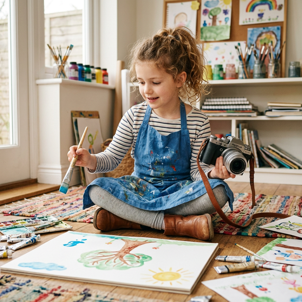 Young girl sitting cross-legged painting a tree and sun with paintbrush and holding a camera