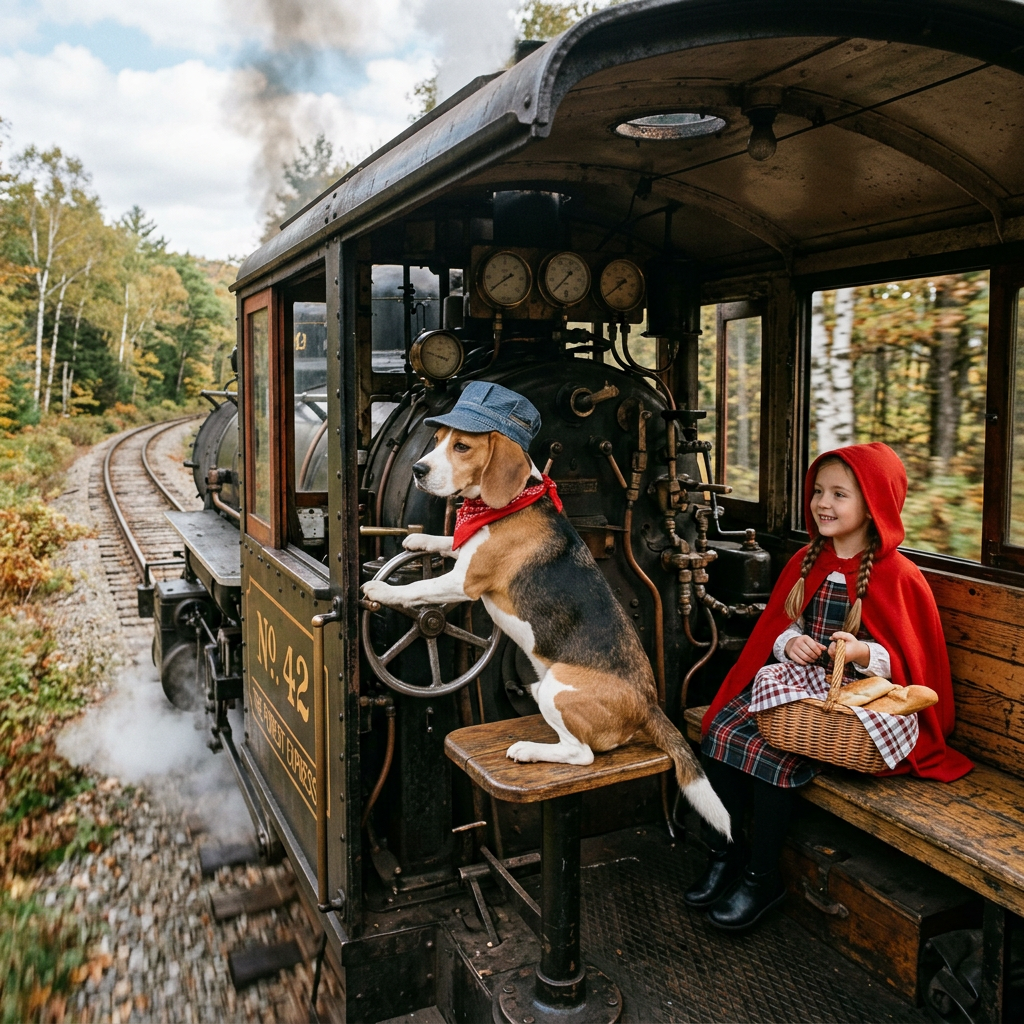 Dog in conductor hat steering vintage train next to smiling girl in red hood with basket