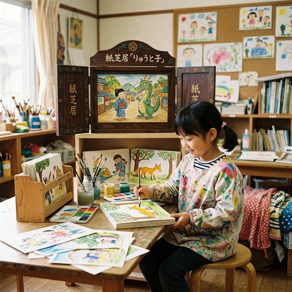 Child painting a yellow animal with watercolors in an art studio with brushes and drawings