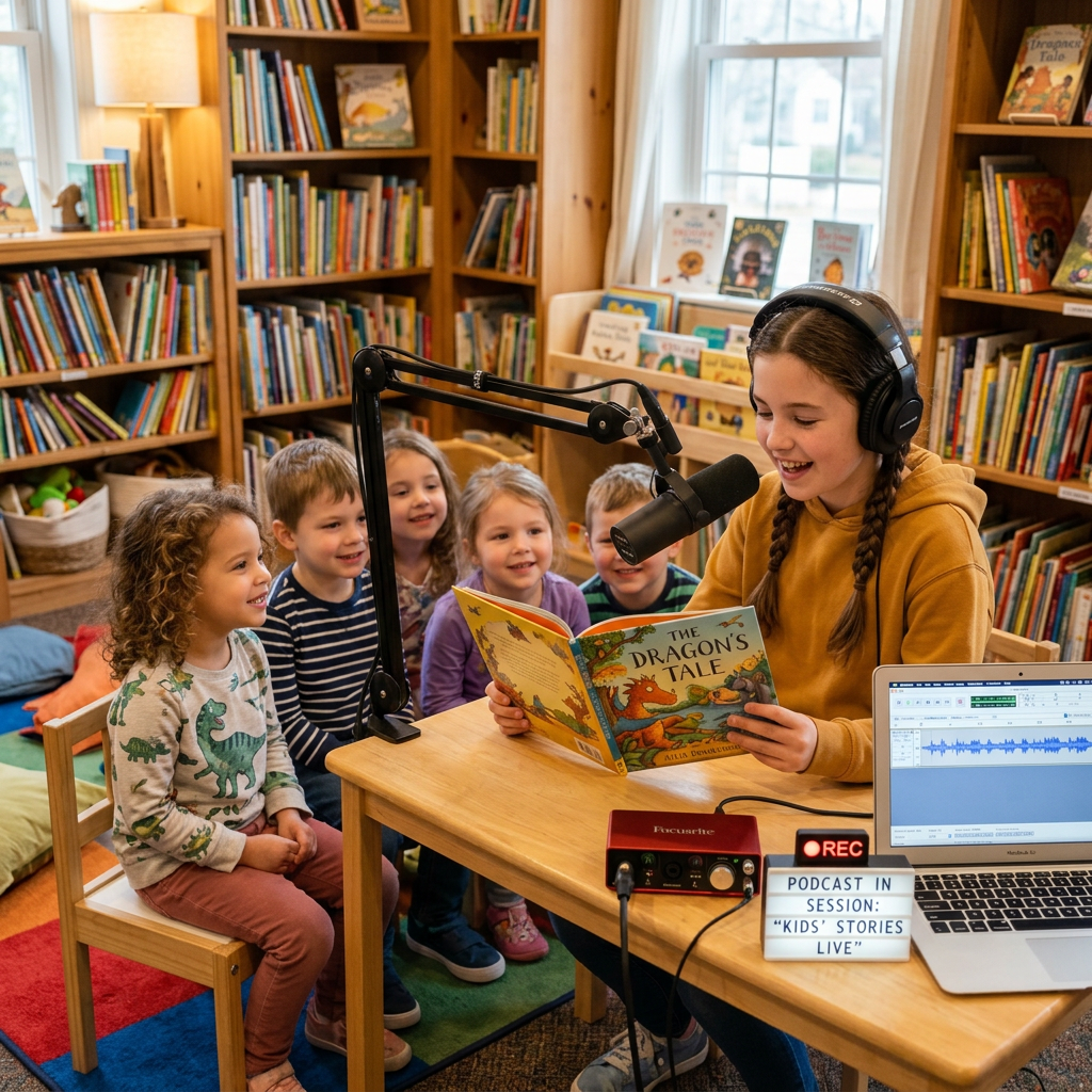 Young girl reading 'The Dragon's Tale' storybook into microphone with children listening