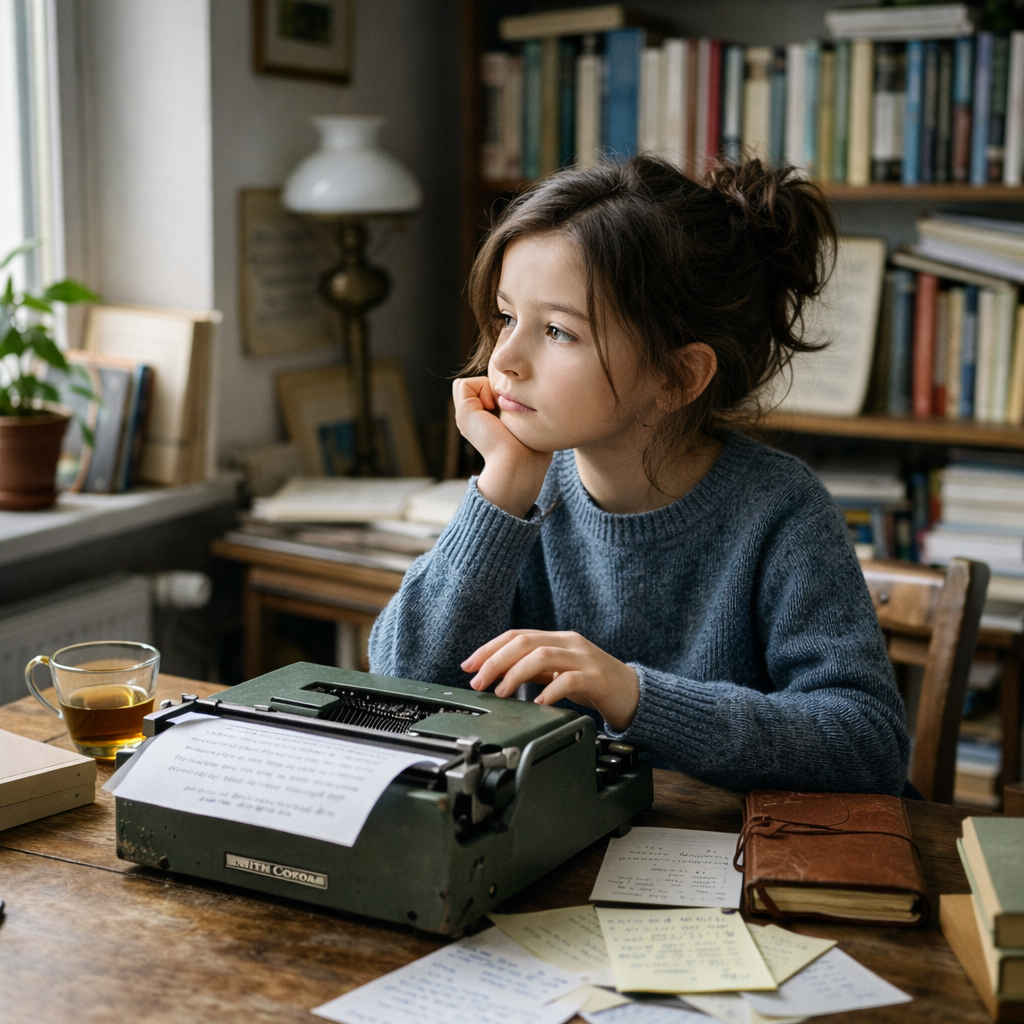 Woman sitting at a desk with a vintage typewriter, looking thoughtfully out a window
