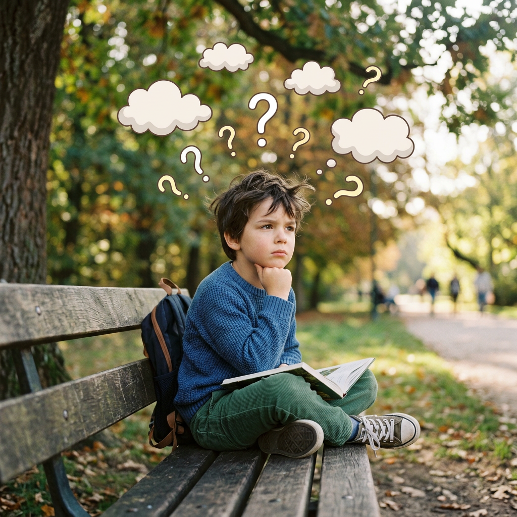 Young boy sitting on park bench holding an open book, looking thoughtful with question marks above